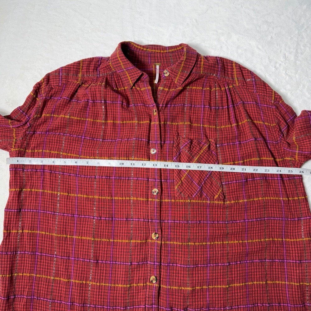 Free People Red Plaid Long Sleeve Shirt‎ Size M Break My Stride Metallic Tunic - Picture 4 of 8